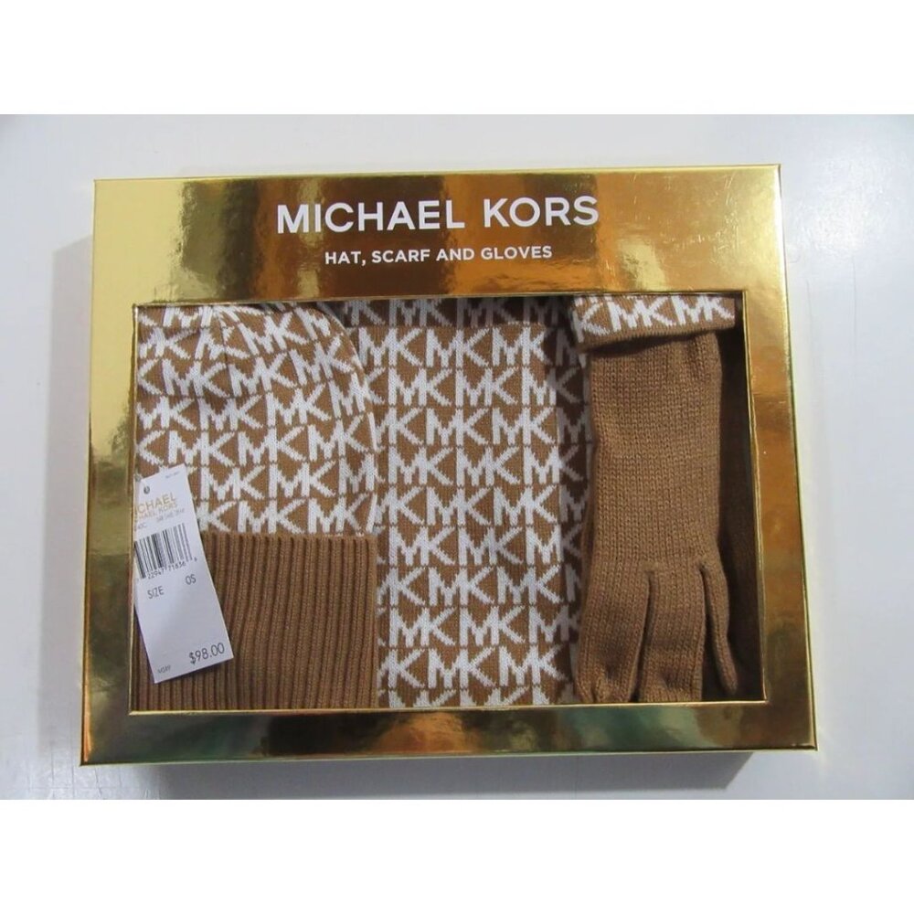 MICHAEL KORS 3 Piece Gloves Scarf Beanie Hat Dark Camel Cream Logo NWT NEW